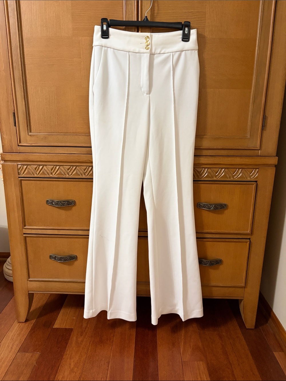Express Cream High-Waist Wide-Leg Pants with Gold Button Detail